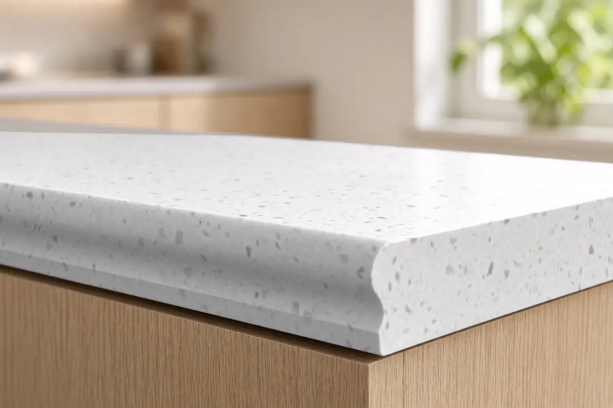 Ogee edge on a white particulate solid-surface counter, close-up