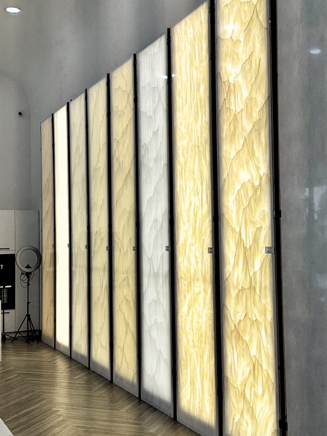 Veined wall panels lit from behind