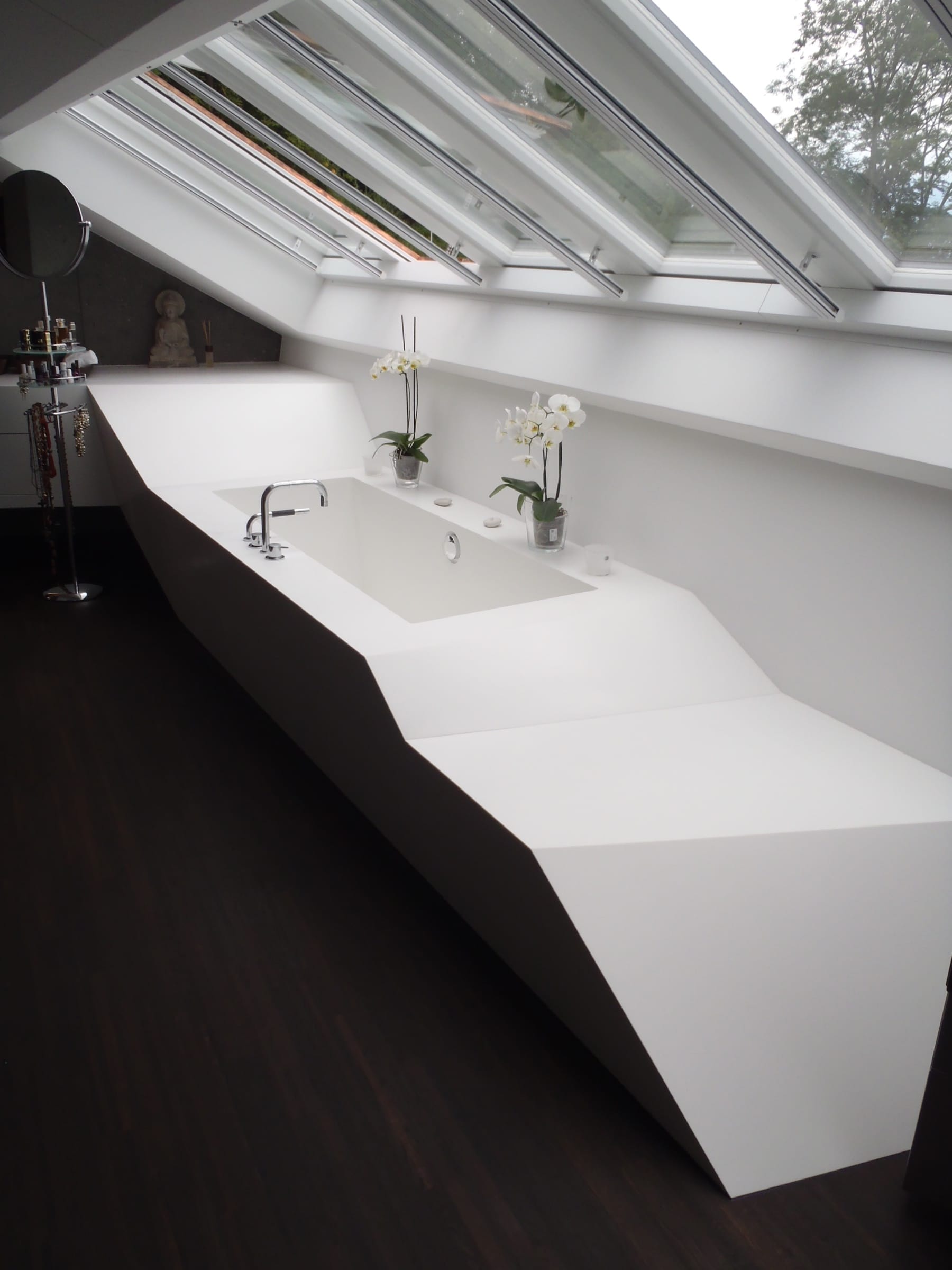 Staron Bright White (BW010) sculptural bathroom vanity with integrated basin