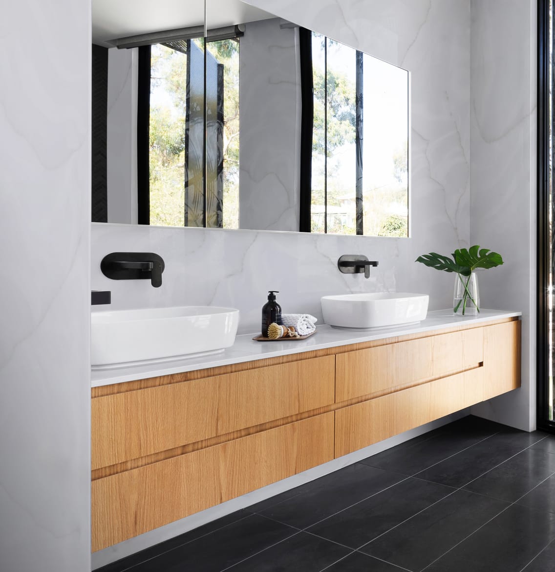 Staron Rotor Cloud (VR322) bathroom vanity top and wall