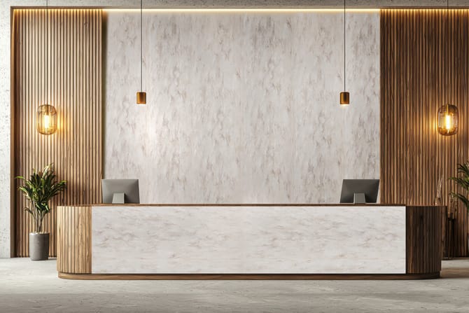 Staron Veil (VV351) reception desk and feature wall